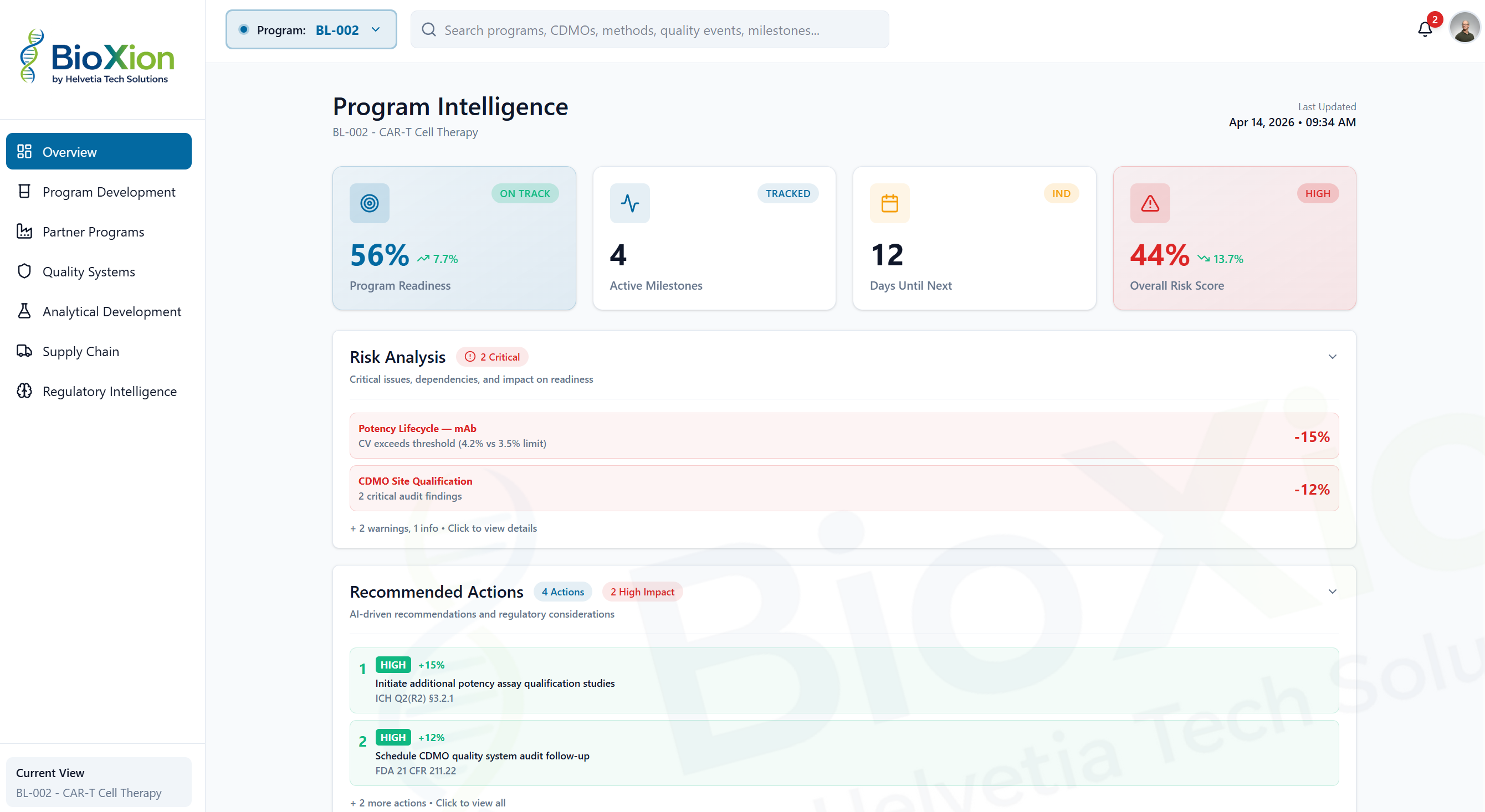 BioXion Program Intelligence Dashboard — AI-powered readiness scoring and risk signals across biopharma development